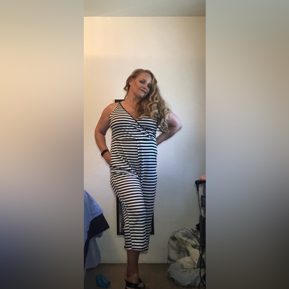 Black/White Striped Capri Jumpsuit/Romper